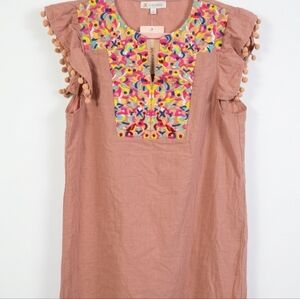 Kirundo Chic Embroidered Boho Midi Dress in Pink Peach Sz Medium New